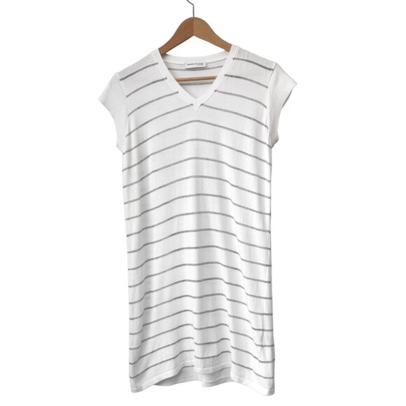 Marina De Rosa Striped Mini Dress Tunic White Silver Grey Cap Sleeves Made Italy - Picture 3 of 10
